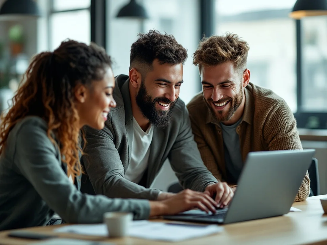 A small team reacting to a positive result on a laptop