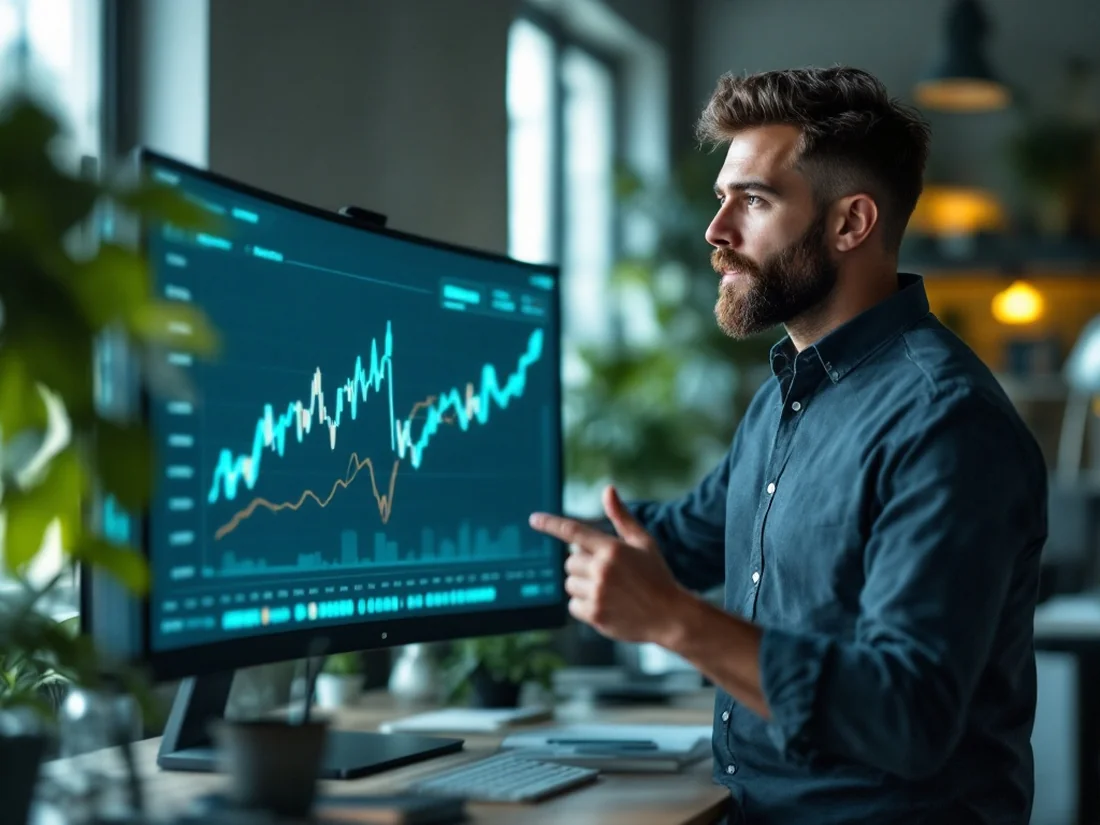 A marketer studying a rising revenue line graph on a monitor